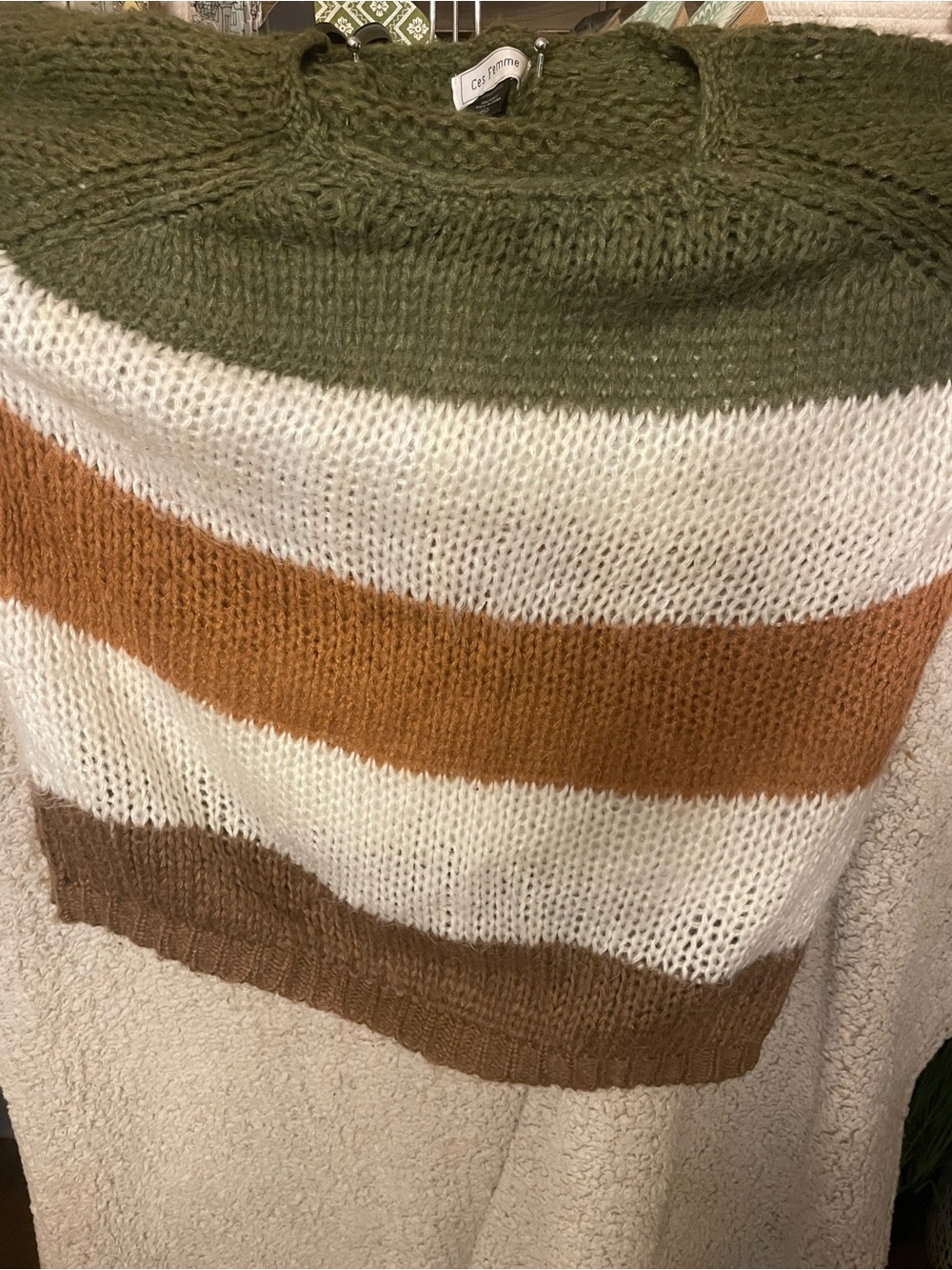 Ces Femme Striped Scoop-Neck Sweater in Olive, Cream & Tan